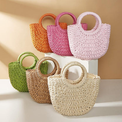 Beige Half Moon Straw Tote Woven Beach Bag - Orange Red