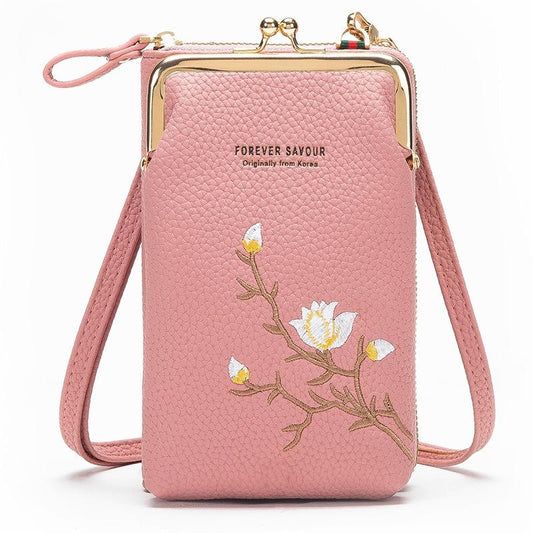 Black Embroidered Single Shoulder Phone Bag Wallet - Dark Pink