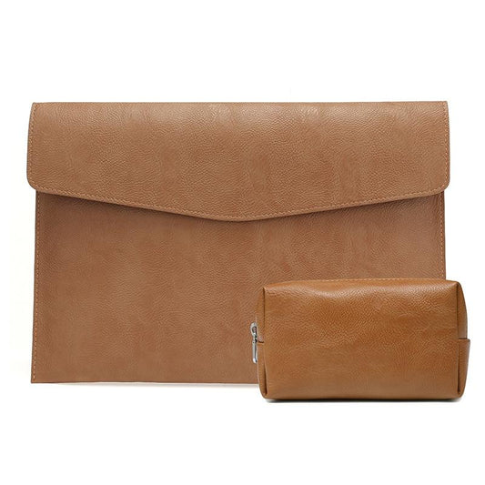 14 Laptop Sleeve & Power Bag - Litchi Pattern Pu Leather - Light Brown