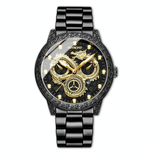 Dragon Embossed Luminous Waterproof Watch - Quartz - Black Steel-Black