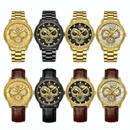 Dragon Embossed Luminous Waterproof Watch - Quartz - Black Steel-Black