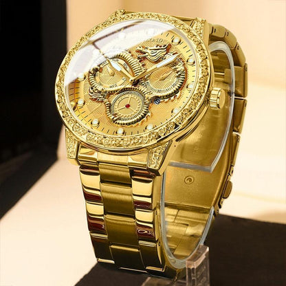 Dragon Embossed Luminous Waterproof Watch - Quartz - Black Steel-Black
