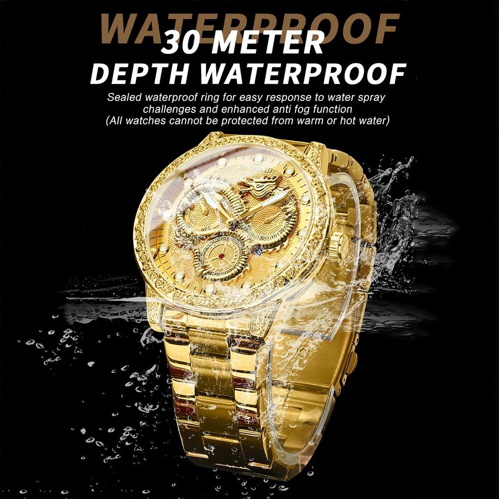 Dragon Embossed Luminous Waterproof Watch - Quartz - Black Steel-Black