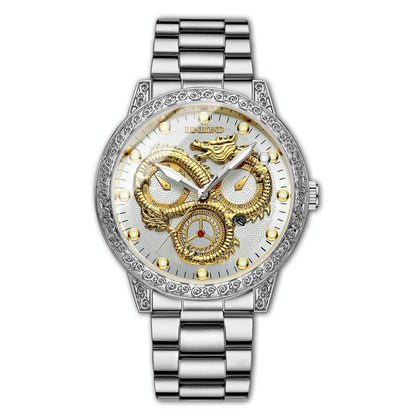 Dragon Embossed Luminous Waterproof Watch - Quartz - Black Steel-Black