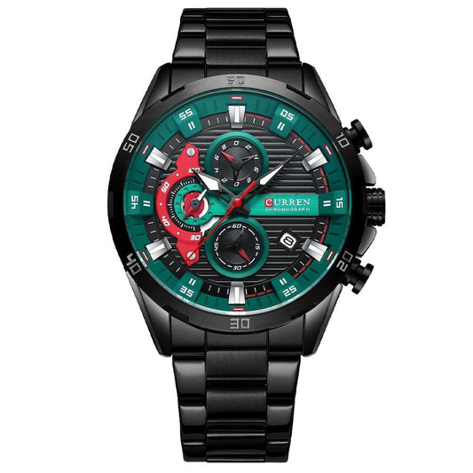 Six-hand Business Quartz Watch with Steel Strap - Calendar - White Shell Black
