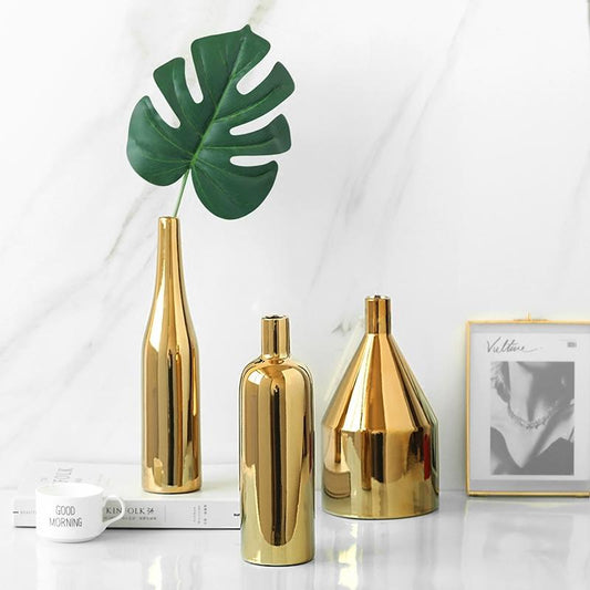 Gold Plated Ceramic Flower Vase - Desktop Decorative Three-Piece Set