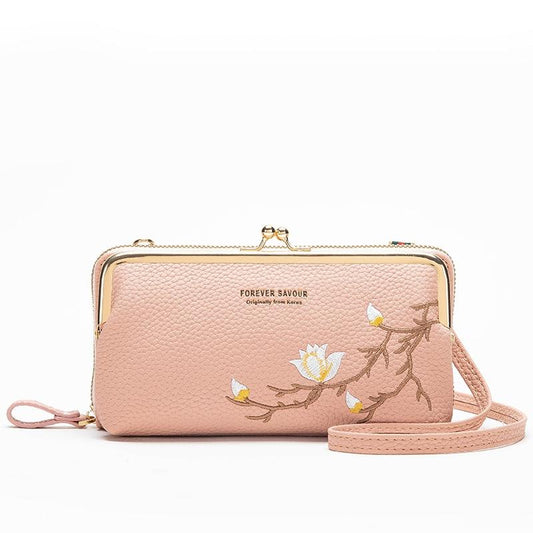 Black Embroidered Crossbody Wallet With Large Capacity - Pink