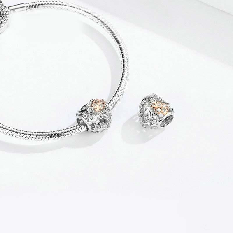925 Sterling Silver Heart Beaded Clover Bracelet Charm