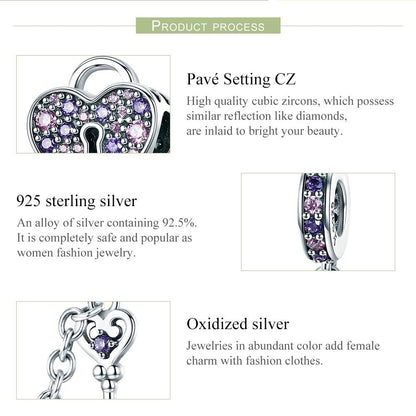 925 Sterling Silver Heart Key Safety Chain For Accessories