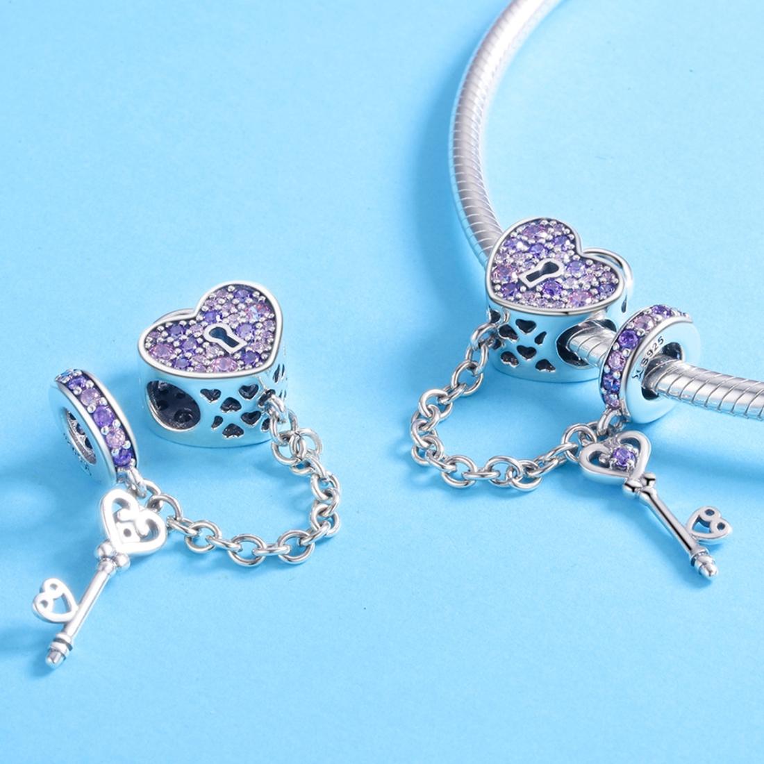 925 Sterling Silver Heart Key Safety Chain For Accessories