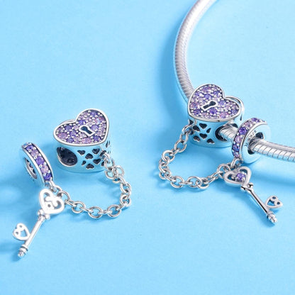925 Sterling Silver Heart Key Safety Chain For Accessories