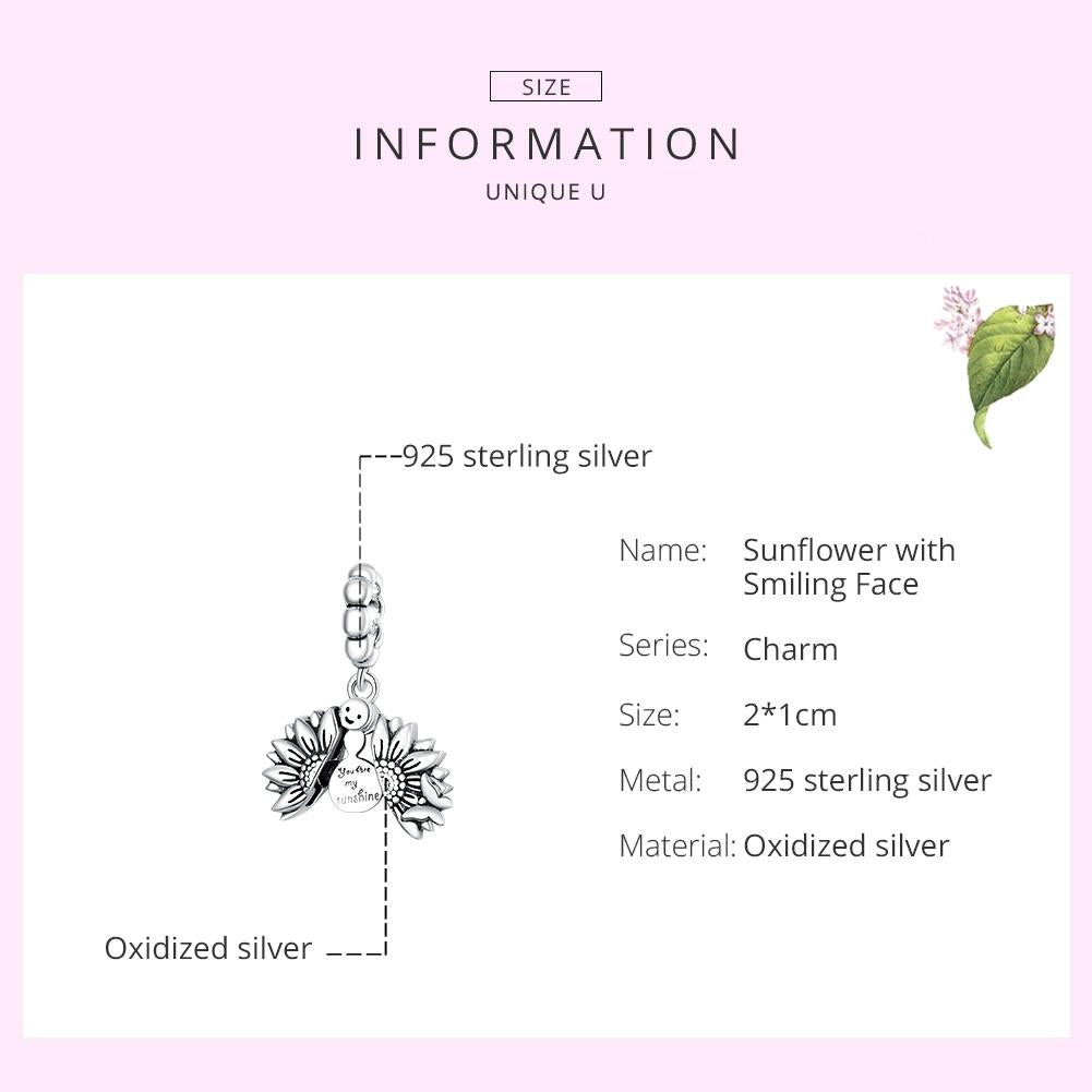 925 Sterling Silver Smiling Sunflower Pendant For Diy Bracelets & Necklaces