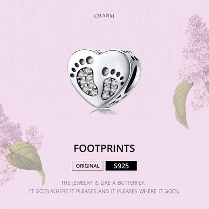 925 Sterling Silver Heart Footprint Beads For Diy Bracelets