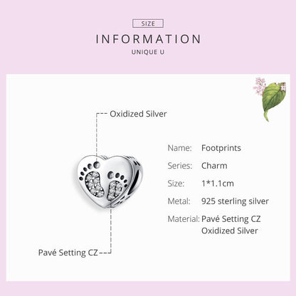 925 Sterling Silver Heart Footprint Beads For Diy Bracelets