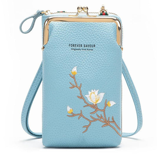 Black Embroidered Single Shoulder Phone Bag Wallet - Blue