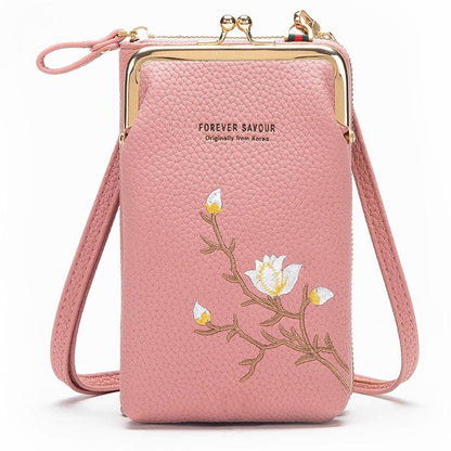 Black Embroidered Single Shoulder Phone Bag Wallet - Blue
