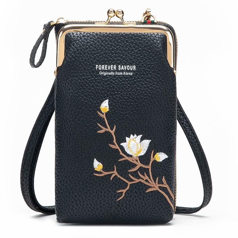 Black Embroidered Single Shoulder Phone Bag Wallet - Blue
