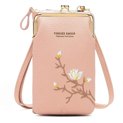 Black Embroidered Single Shoulder Phone Bag Wallet - Blue