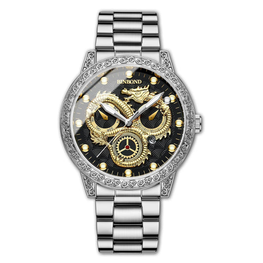 Dragon Embossed Luminous Waterproof Watch - Quartz - White Steel-Black