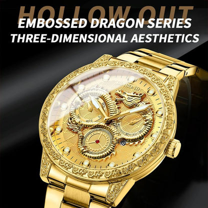 Dragon Embossed Luminous Waterproof Watch - Quartz - White Steel-Black