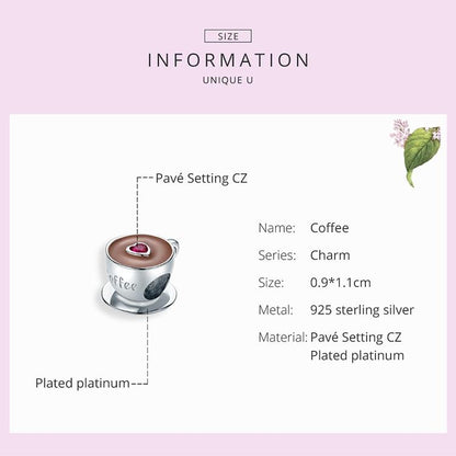 925 Sterling Silver Coffee Cup Beaded Bracelet Charm