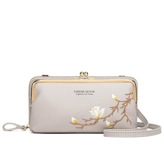 Black Embroidered Crossbody Wallet With Large Capacity - Gray