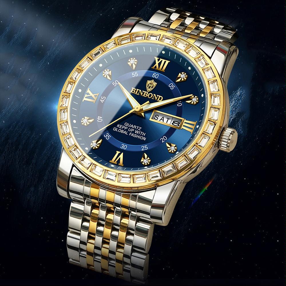 Diamond Dual-calendar Luminous Quartz Watch - B2202 - Full-Gold-Gold