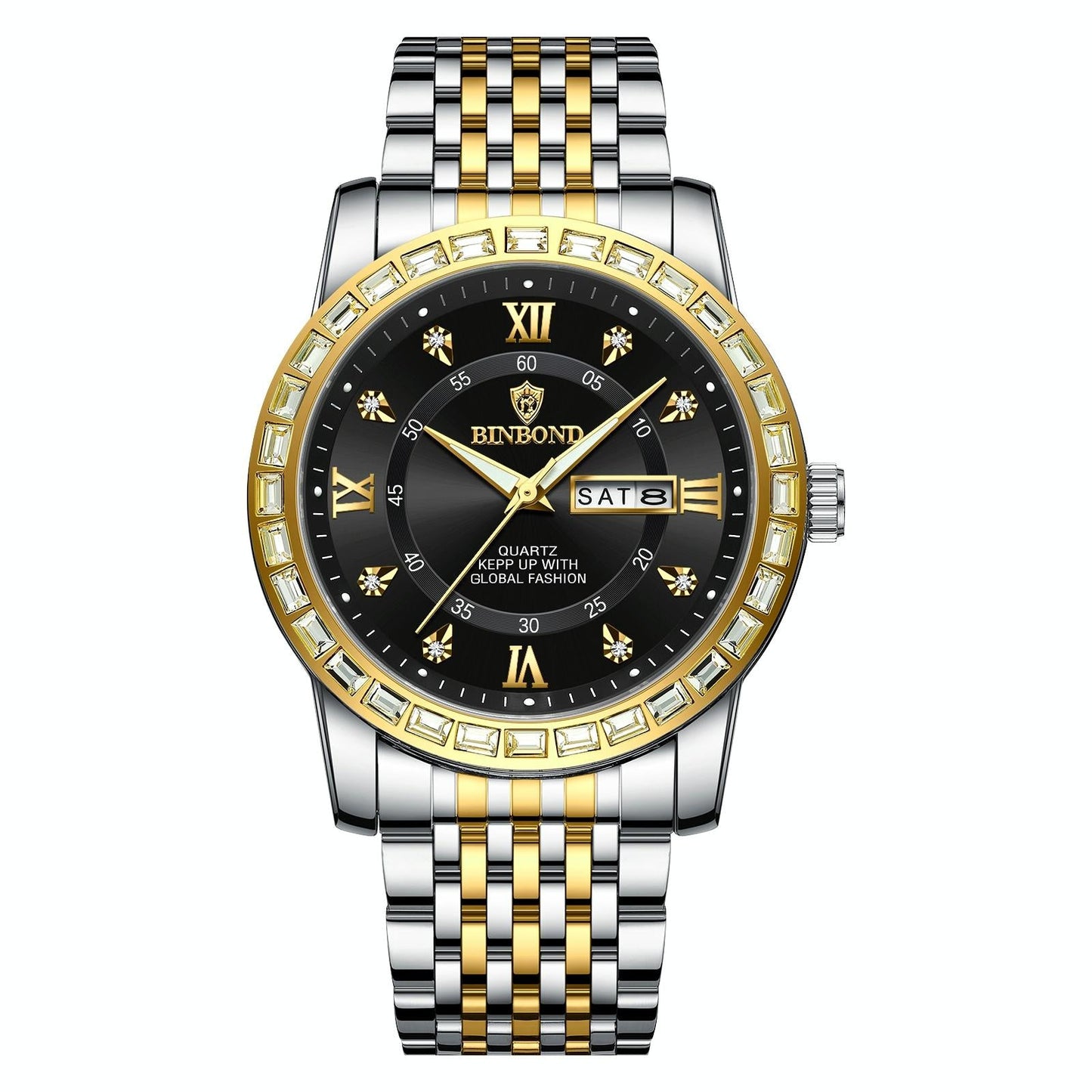 Diamond Dual-calendar Luminous Quartz Watch - B2202 - Full-Gold-Gold