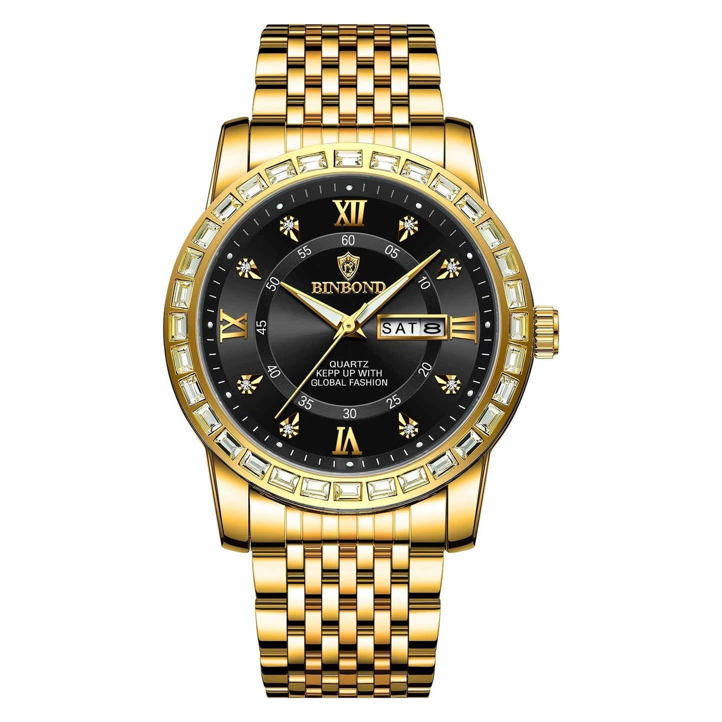 Diamond Dual-calendar Luminous Quartz Watch - B2202 - Full-Gold-Gold