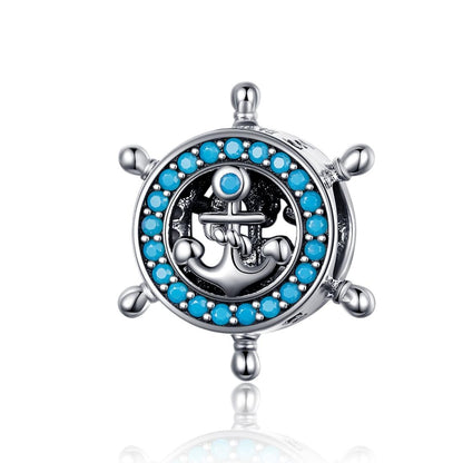 925 Sterling Silver Diy Boat Rudder Bracelet & Blue Beads