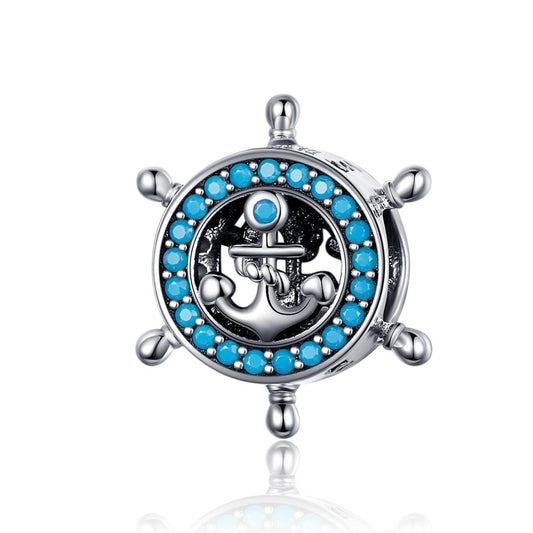 925 Sterling Silver Diy Boat Rudder Bracelet & Blue Beads