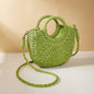 Beige Half Moon Straw Tote Woven Beach Bag - Green