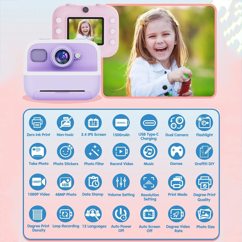 Blue Children'S Thermal Camera With Dual-Camera 1080P Hd 2400W Pixel 2.4-Inch Display - Purple+32Gb