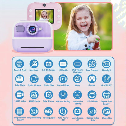 Blue Children'S Thermal Camera With Dual-Camera 1080P Hd 2400W Pixel 2.4-Inch Display - Purple+32Gb