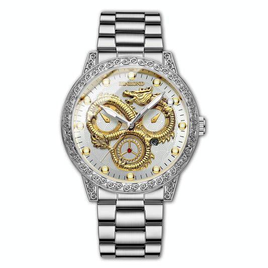 Dragon Embossed Luminous Waterproof Watch - Quartz - White Steel-White
