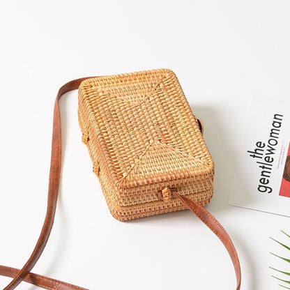 Handmade Square Rattan Bag Autumn Beach Diagonal Purse Vintage Style 19X13X7Cm