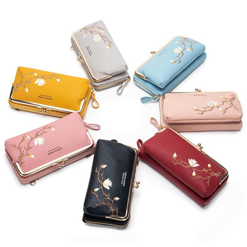 Black Embroidered Crossbody Wallet With Large Capacity - Dark Pink