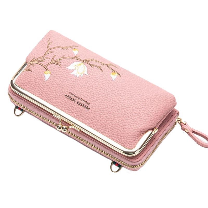 Black Embroidered Crossbody Wallet With Large Capacity - Dark Pink
