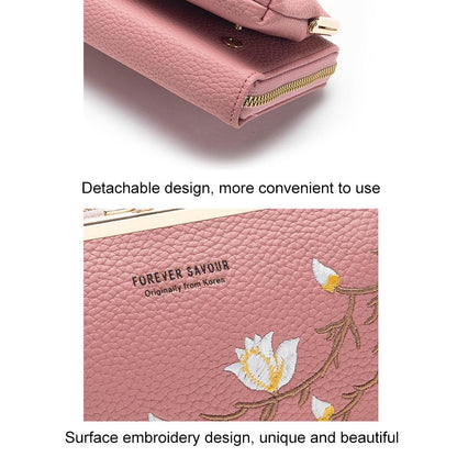 Black Embroidered Crossbody Wallet With Large Capacity - Dark Pink