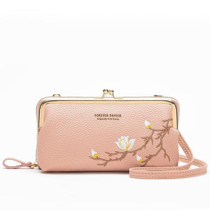 Black Embroidered Crossbody Wallet With Large Capacity - Dark Pink