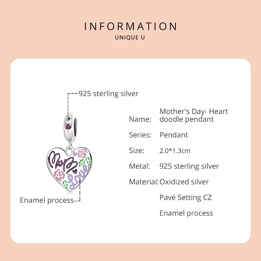 925 Sterling Silver Colorful Doodle Heart Pendant For Diy Bracelet Or Necklace