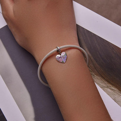 925 Sterling Silver Colorful Doodle Heart Pendant For Diy Bracelet Or Necklace