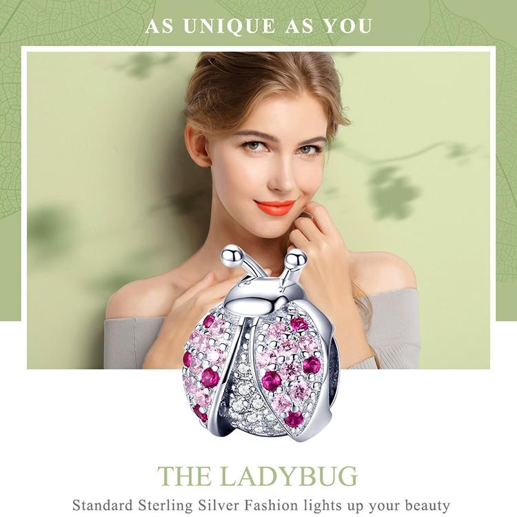 925 Sterling Silver Ladybug Pink Cz Insect Charm For Diy Bracelets