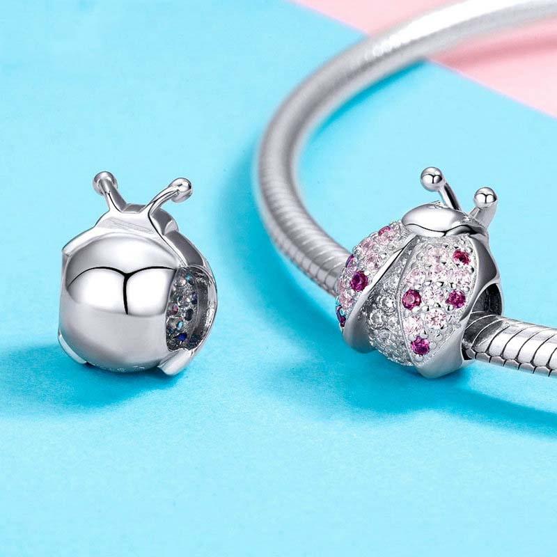925 Sterling Silver Ladybug Pink Cz Insect Charm For Diy Bracelets