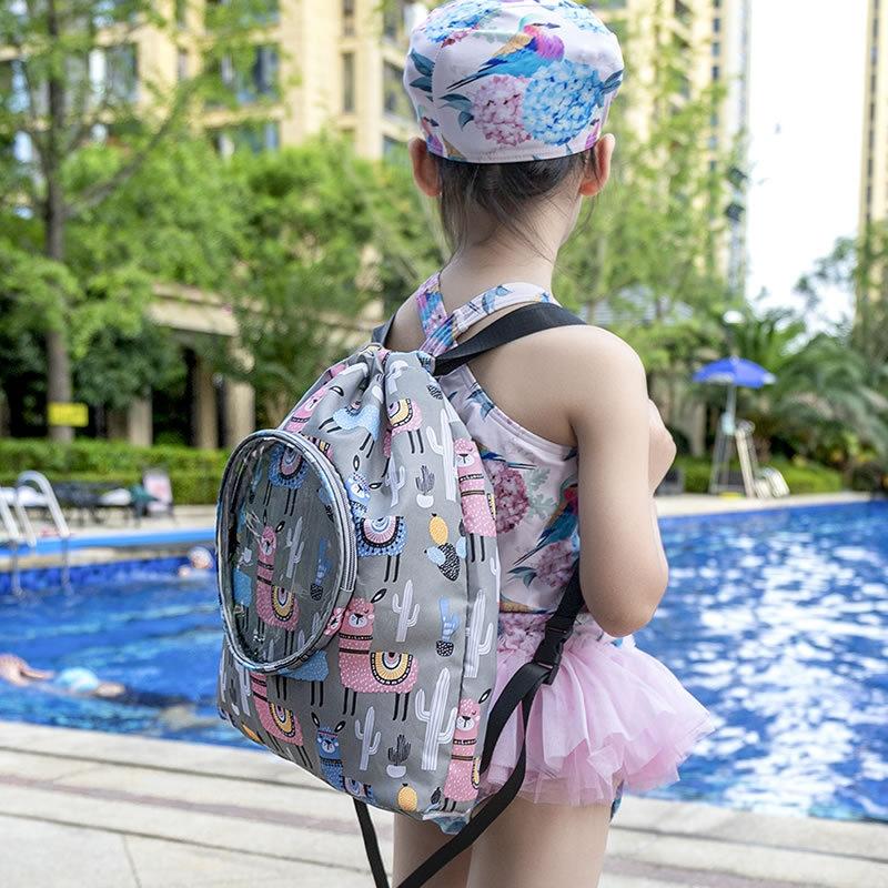 Blue Waterproof Drawstring Beach Bag L Size For Kids Wet & Dry Separation Shoulder Strap - Tibetan S