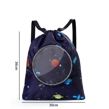 Blue Waterproof Drawstring Beach Bag L Size For Kids Wet & Dry Separation Shoulder Strap - Tibetan S