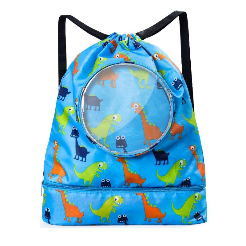 Blue Waterproof Drawstring Beach Bag L Size For Kids Wet & Dry Separation Shoulder Strap - Tibetan S