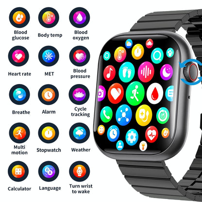 2.1 Inch Screen Smart Watch With Blood Sugar / Blood Oxygen Monitoring / Sos Alarm / 100+ Sports Modes - Black 3-Bead Steel - Black Brown Leather