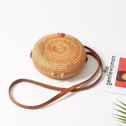 Handmade Round Rattan Bag Vintage Art Beach Diagonal Bag 18X18X6Cm