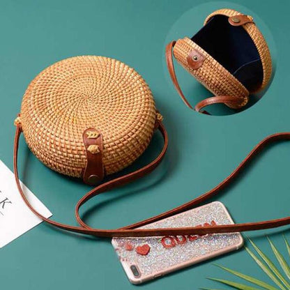 Handmade Round Rattan Bag Vintage Art Beach Diagonal Bag 18X18X6Cm